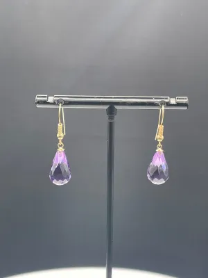 Natural Zambian Amethyst Briolette Cut 14k Yellow Gold Dangle Earrings