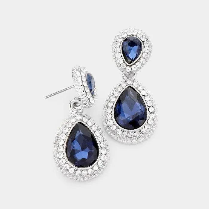 Navy Blue Crystal Teardrop Silver Earrings