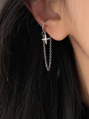 No Pierce Silver Star Celestial Dangle Cuff Earrings
