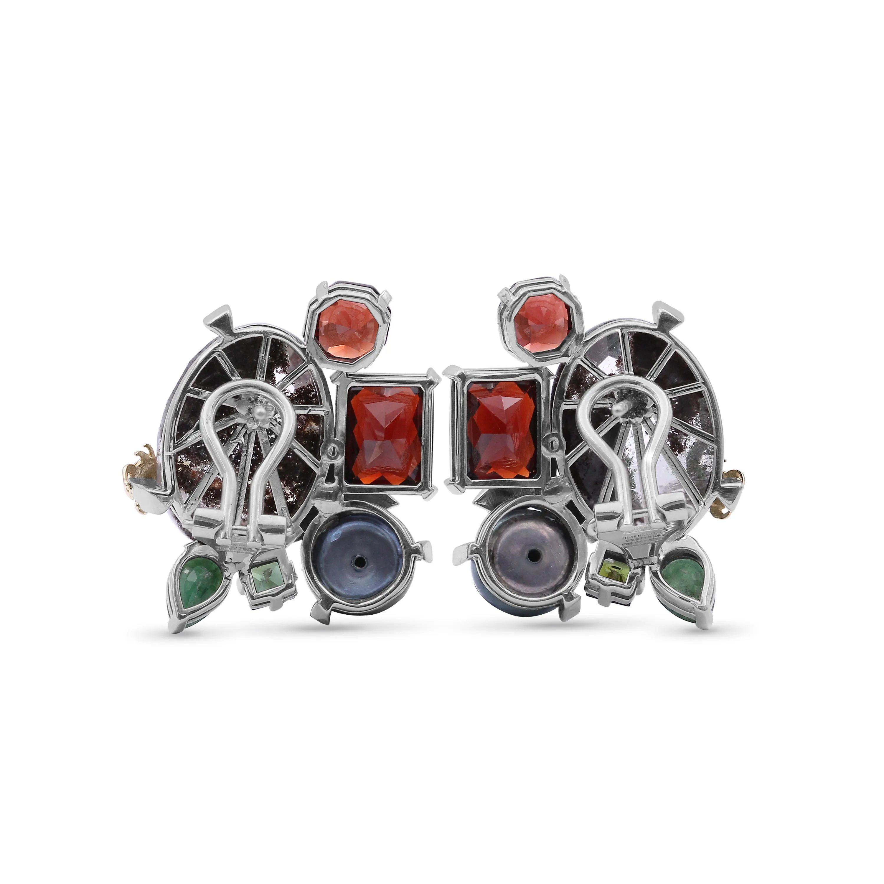 One of a Kind Green Tourmaline Facet Orissa Garnet Green Pearl Emerald Garnet Facet Flat back Red Moss Quartz and Diamond 0.04ct Earring in Sterling Silver with 18K Gold Adam