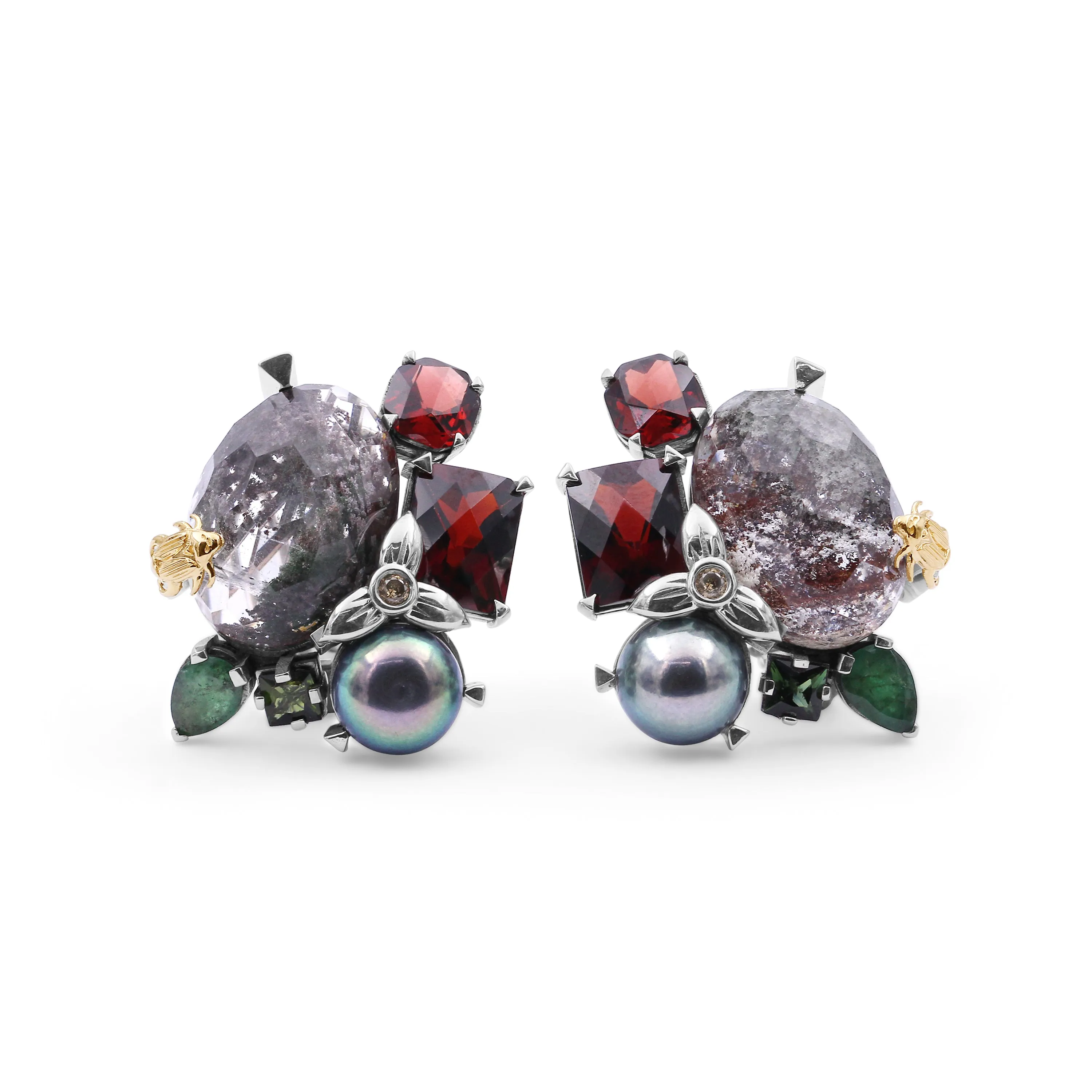 One of a Kind Green Tourmaline Facet Orissa Garnet Green Pearl Emerald Garnet Facet Flat back Red Moss Quartz and Diamond 0.04ct Earring in Sterling Silver with 18K Gold Adam