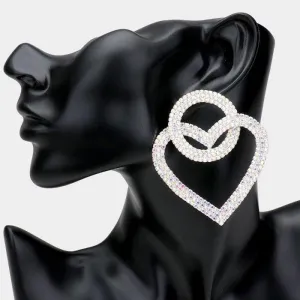 Open Circle Heart Link Abalone Rhinestone Silver Earrings