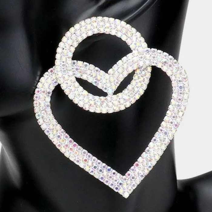 Open Circle Heart Link Abalone Rhinestone Silver Earrings