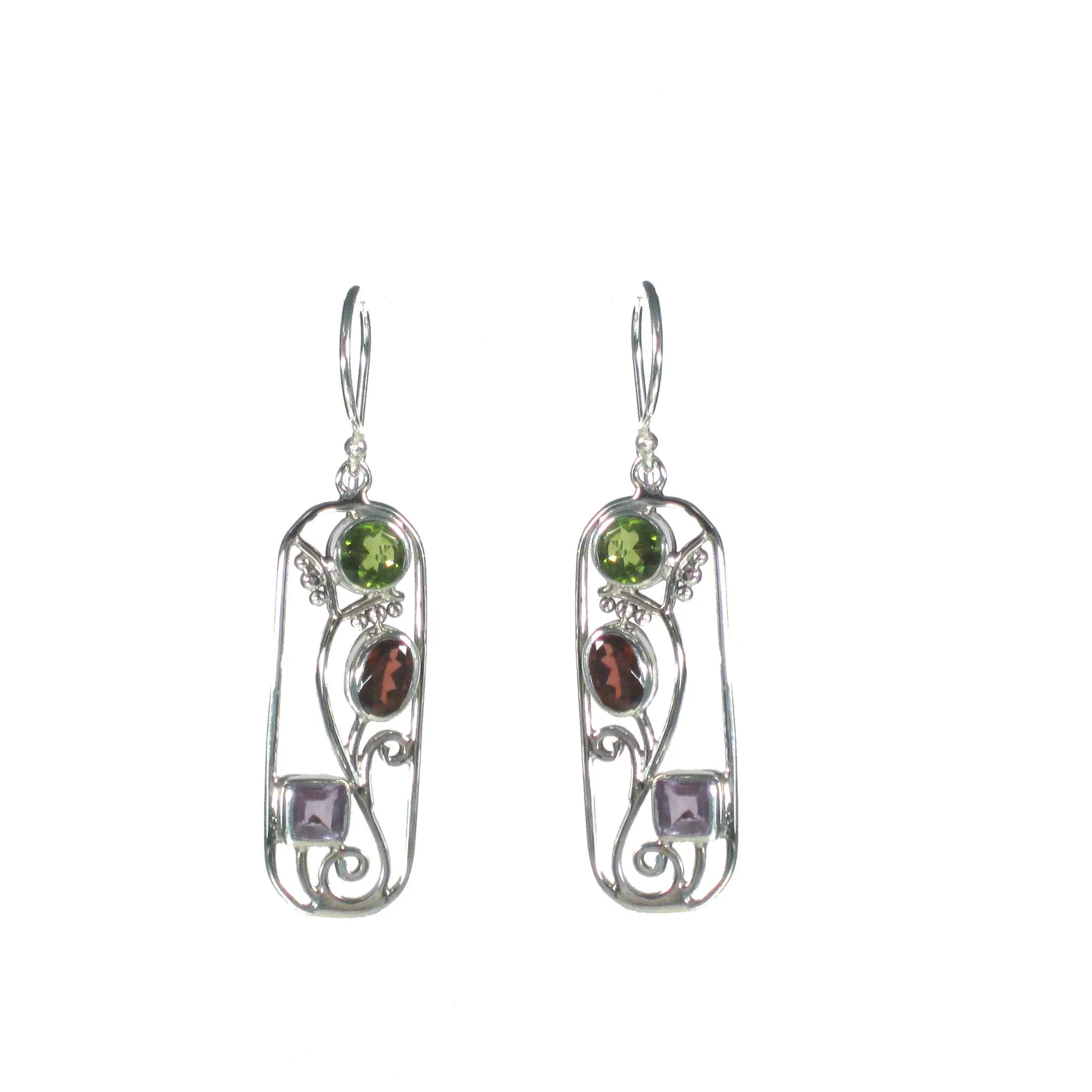 Open Filigree Rectangle with Multiple Stones Dangle Earrings