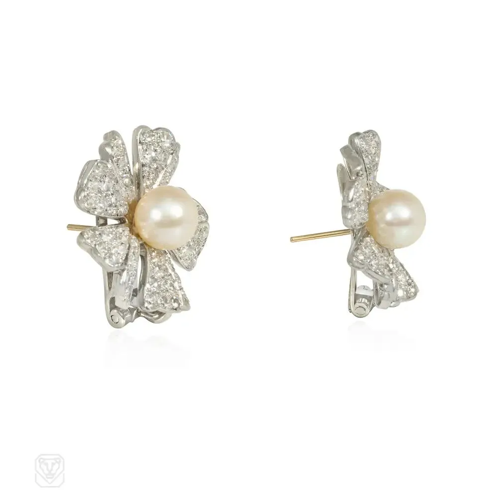 Ostier pearl and diamond flower earrings
