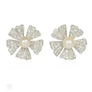 Ostier pearl and diamond flower earrings