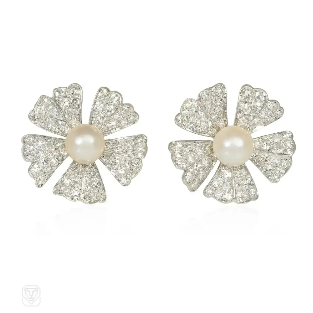 Ostier pearl and diamond flower earrings