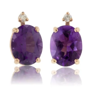Oval Amethyst Stud Earrings with Single Diamond Accent