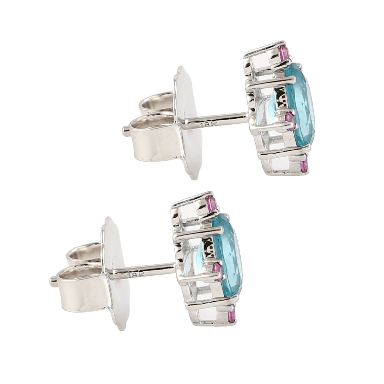 Oval Cut Apatite Prong Pink Sapphire Gemstone Stud Earrings In 18k White Gold