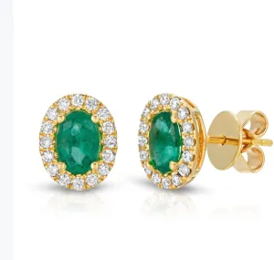 Oval Emerald Gemstone Stud Earrings with Round Diamonds on a 14k Yellow Gold Halo Setting