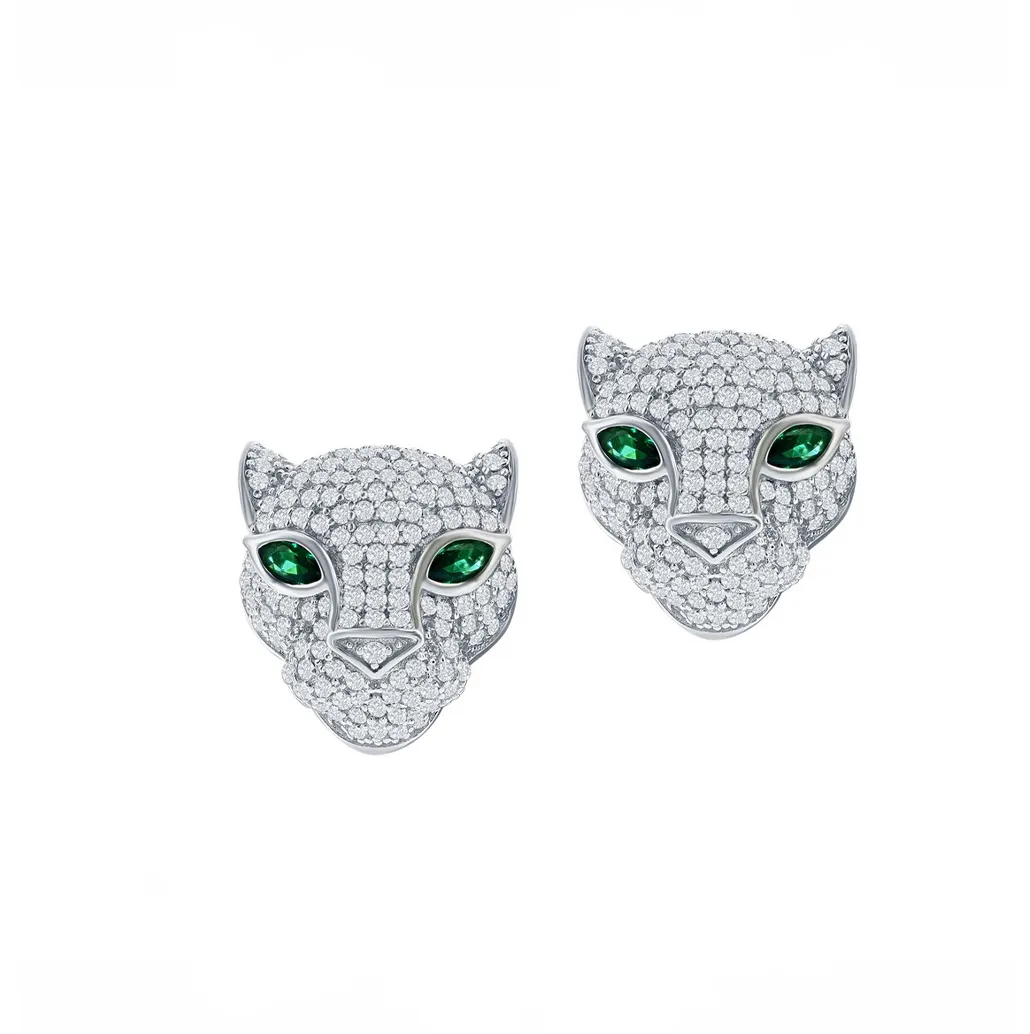 Pave Sparkle Emerald-Eye Panther Stud Earrings