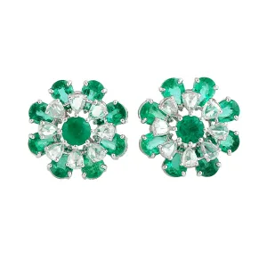 Pear Cut Emerald Rose Cut Diamond Flower Jacket Stud Earrings In White Gold