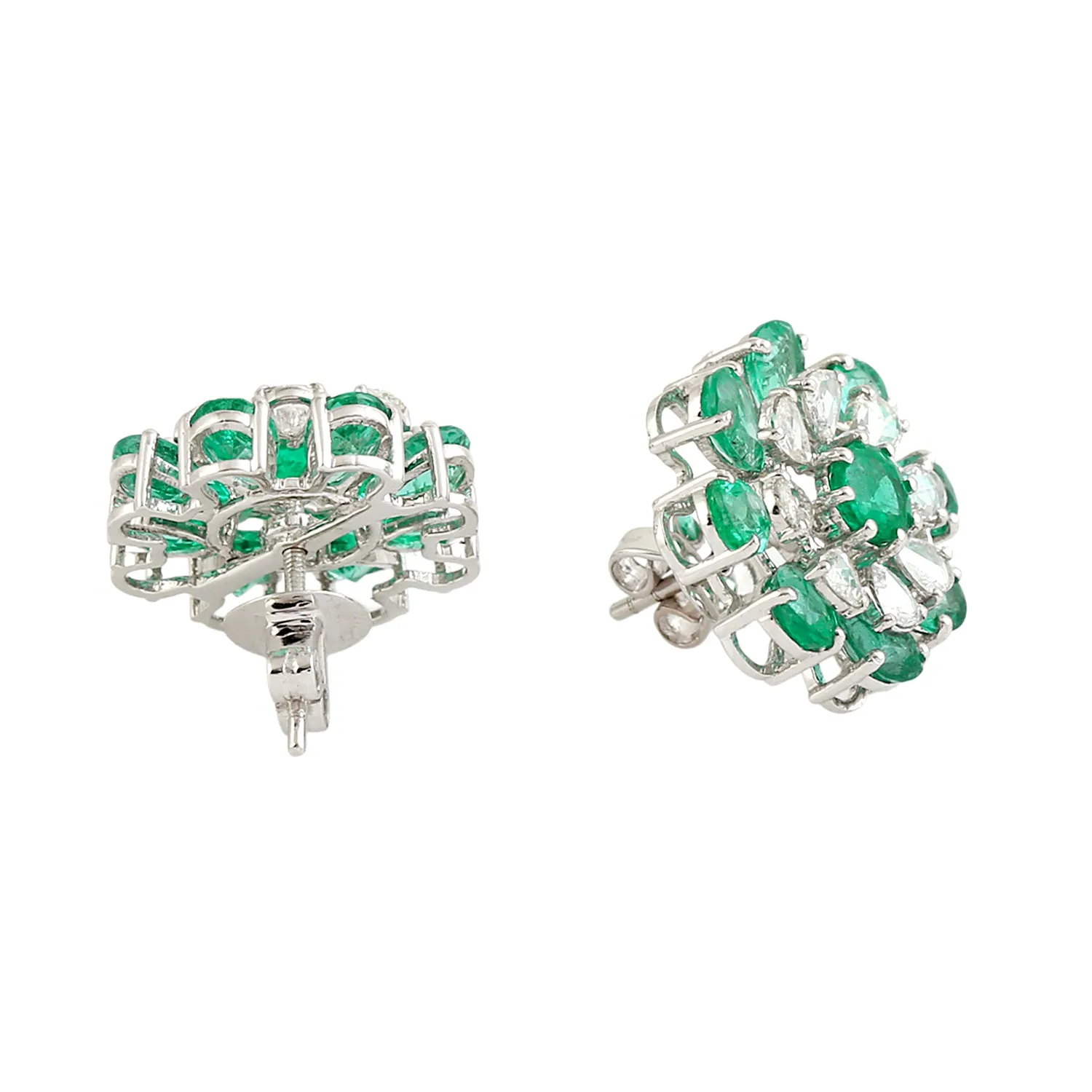 Pear Cut Emerald Rose Cut Diamond Flower Jacket Stud Earrings In White Gold