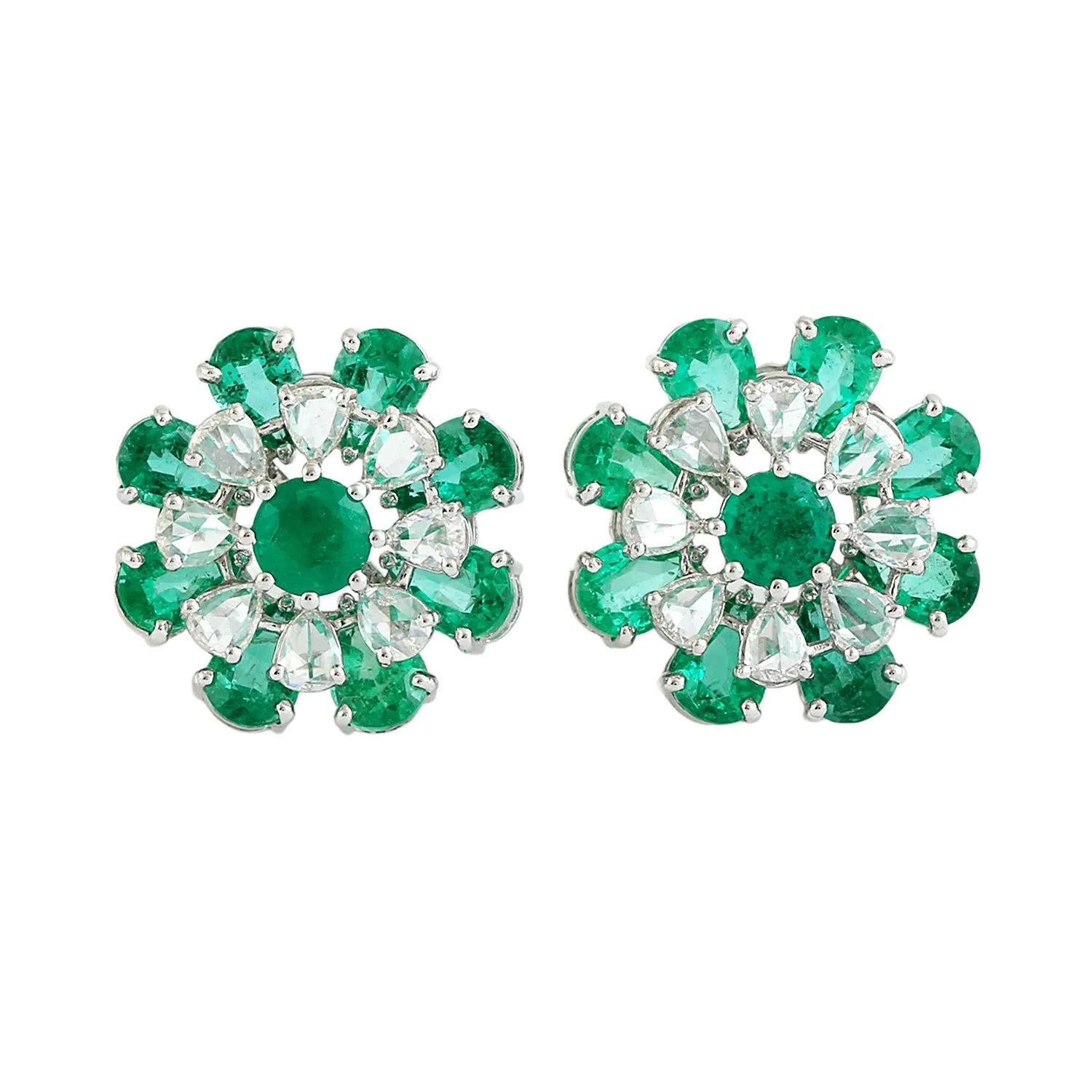 Pear Cut Emerald Rose Cut Diamond Flower Jacket Stud Earrings In White Gold
