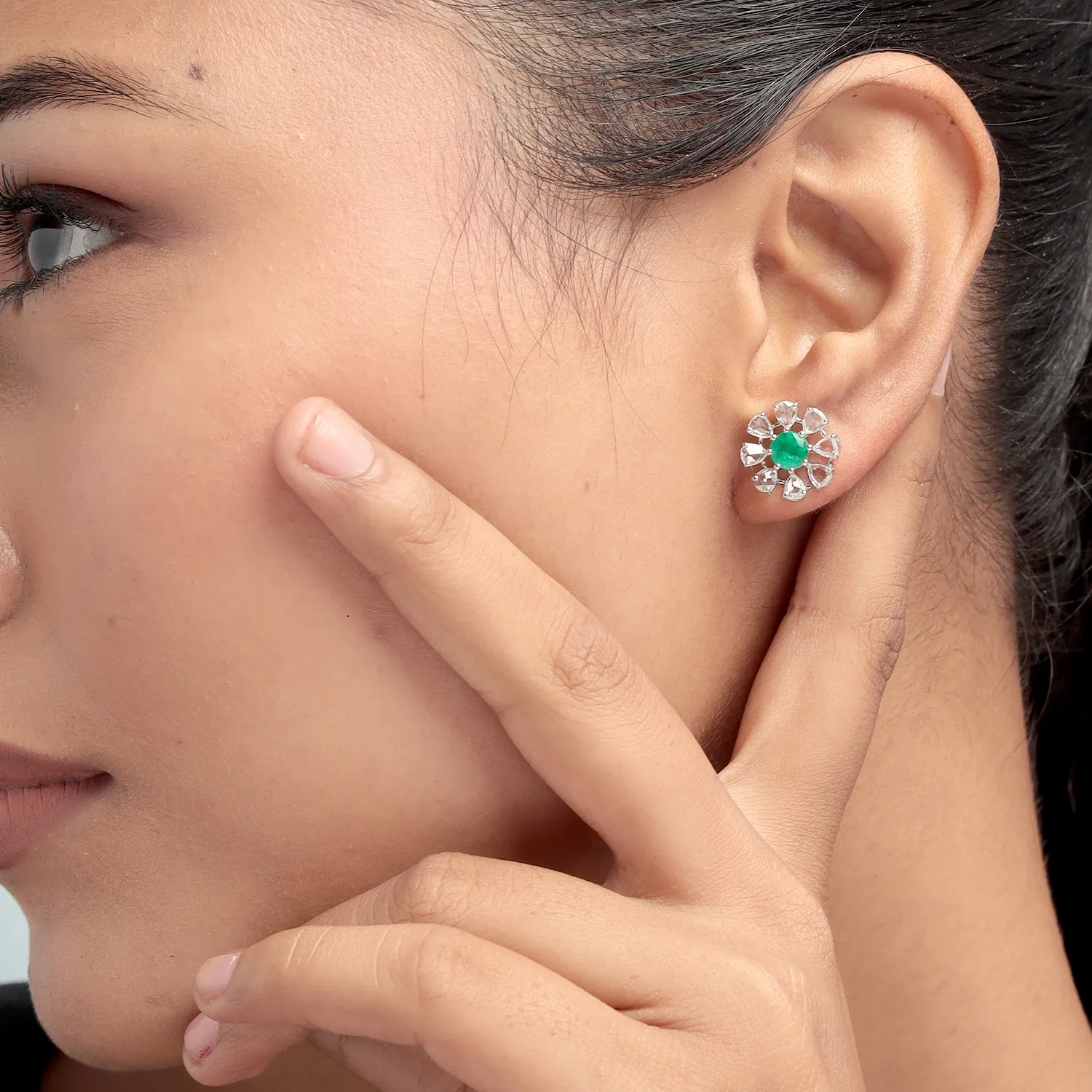 Pear Cut Emerald Rose Cut Diamond Flower Jacket Stud Earrings In White Gold