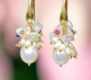 Pearl Cluster Earrings with Multicolor Sapphire Gemstone Keishi Pearls Gold Fill