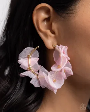 Petaled Pageant - Gold - Pink Chiffon Flower Paparazzi Hoop Earrings