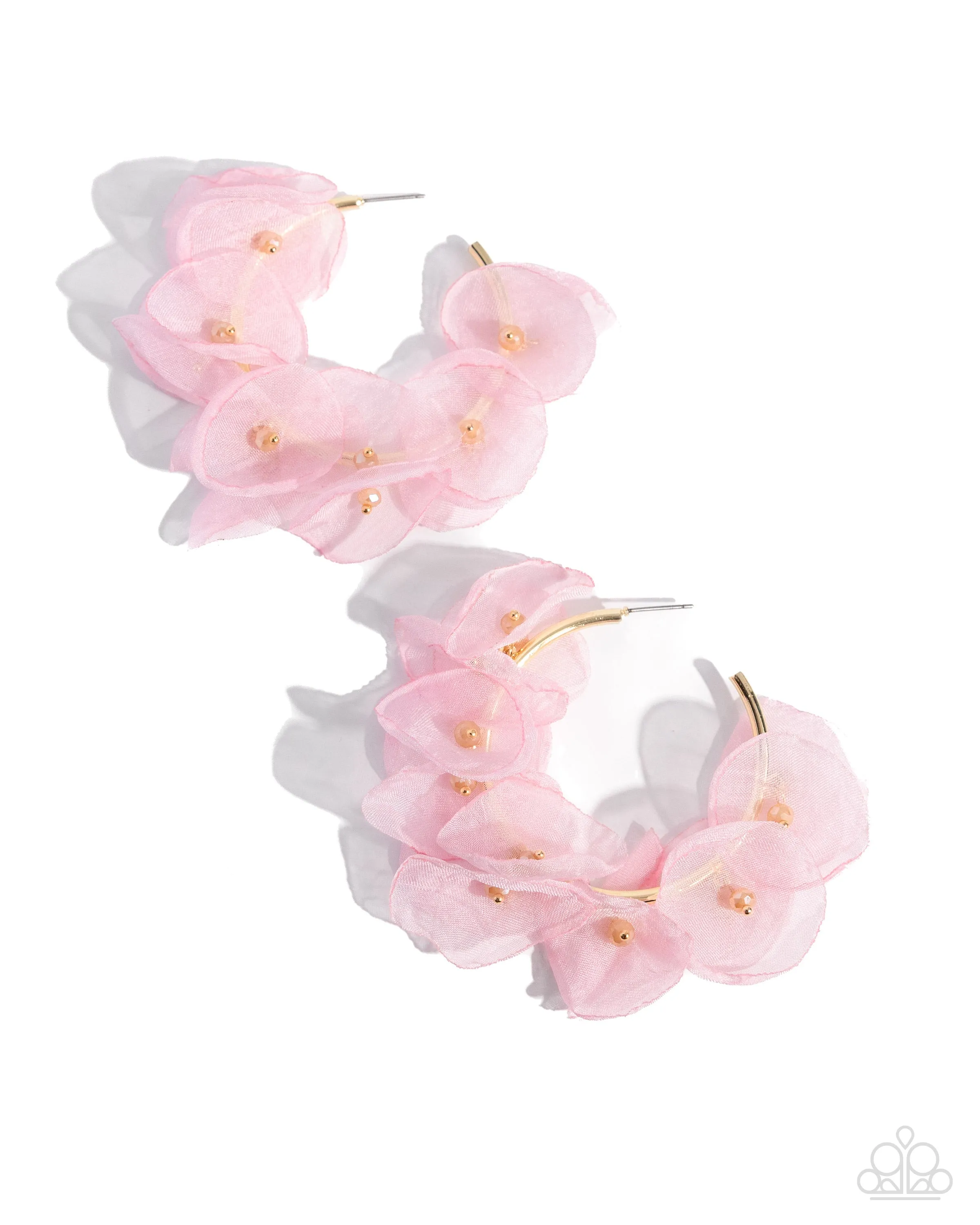 Petaled Pageant - Gold - Pink Chiffon Flower Paparazzi Hoop Earrings