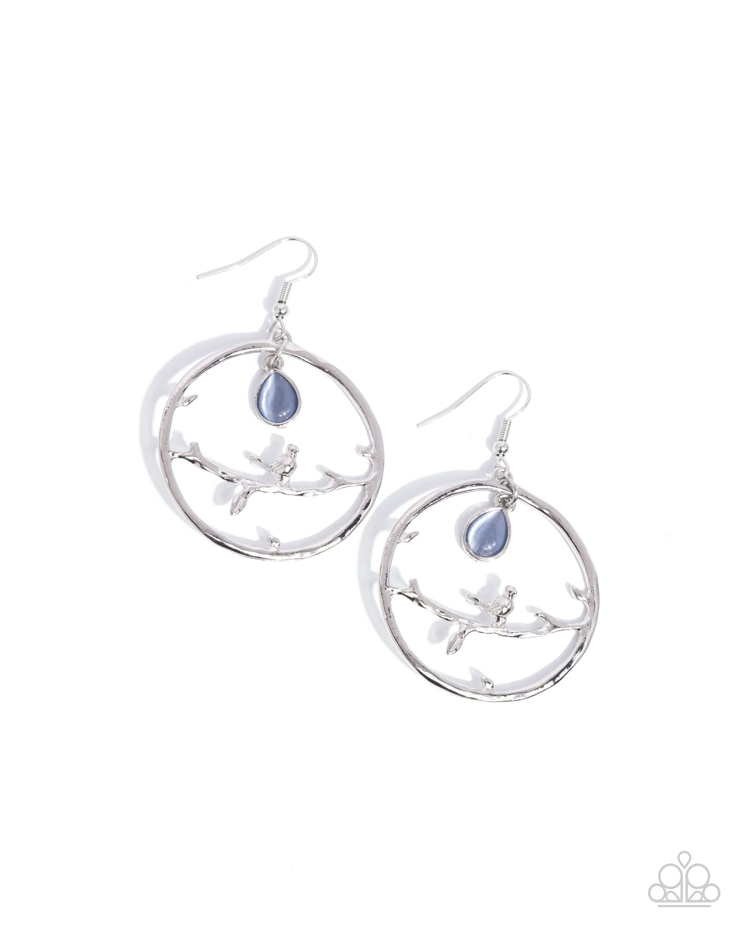 Picturesque Scene - Blue - Cat's Eye Stone Silver Bird Hammered Hoop Paparazzi Fishhook Earrings
