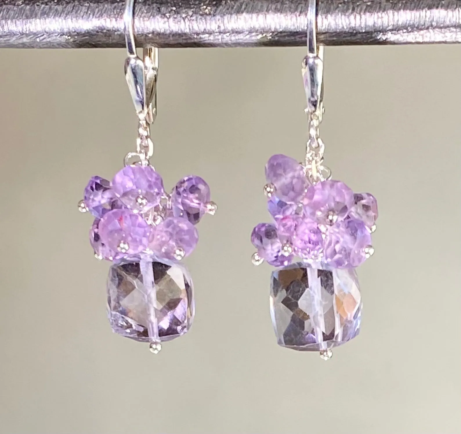 Pink Amethyst Cube Gemstone Cluster Earrings Sterling Silver