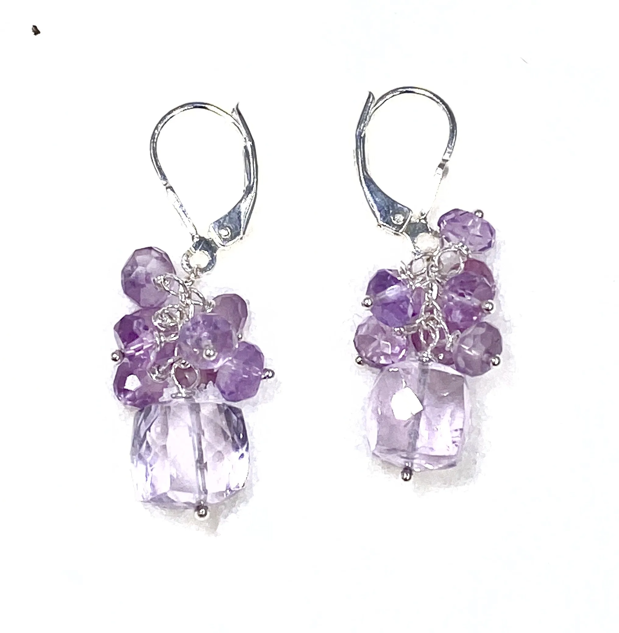 Pink Amethyst Cube Gemstone Cluster Earrings Sterling Silver