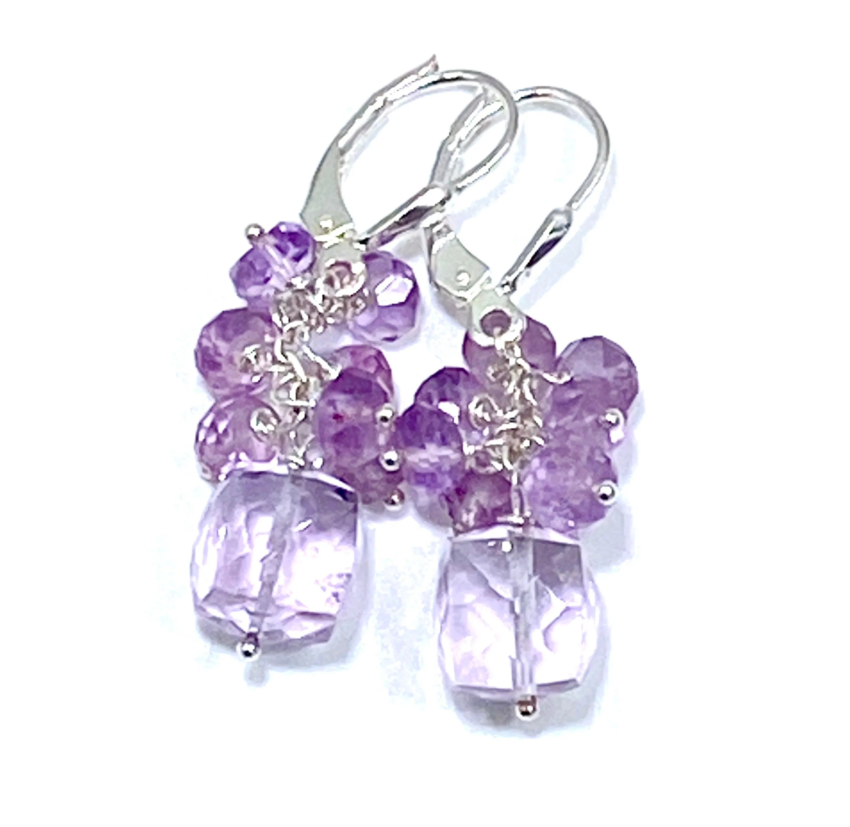 Pink Amethyst Cube Gemstone Cluster Earrings Sterling Silver