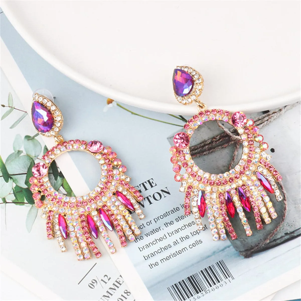 Pink Crystal & Cubic Zirconia Tassel Drop Earrings