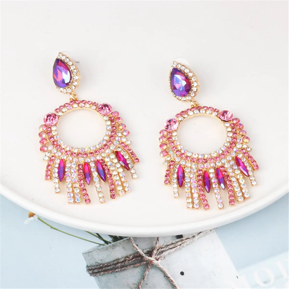 Pink Crystal & Cubic Zirconia Tassel Drop Earrings