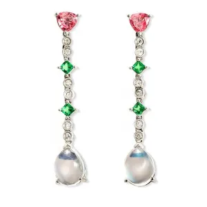 Pink Sapphire, Moonstone & Diamond Dangling Earrings, 18k