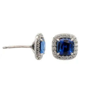 Platinum Blue Sapphire and Diamond Halo Stud Earrings