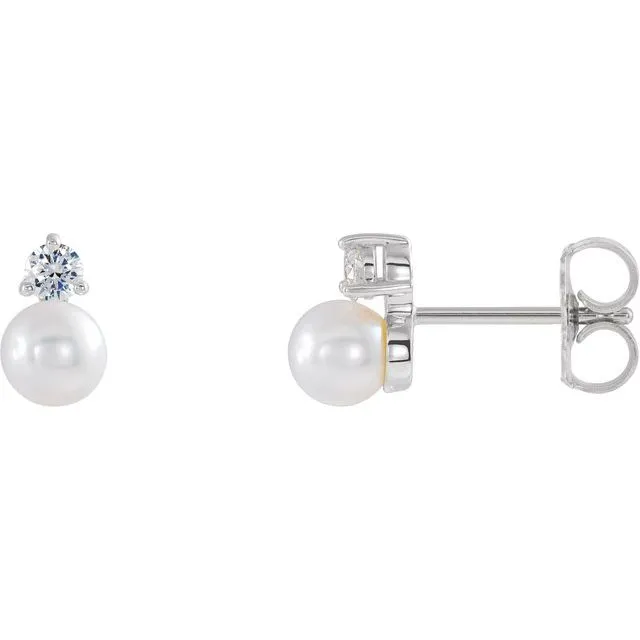 Platinum Cultured White Freshwater Pearl & 1/5 CTW Natural Diamond Earrings