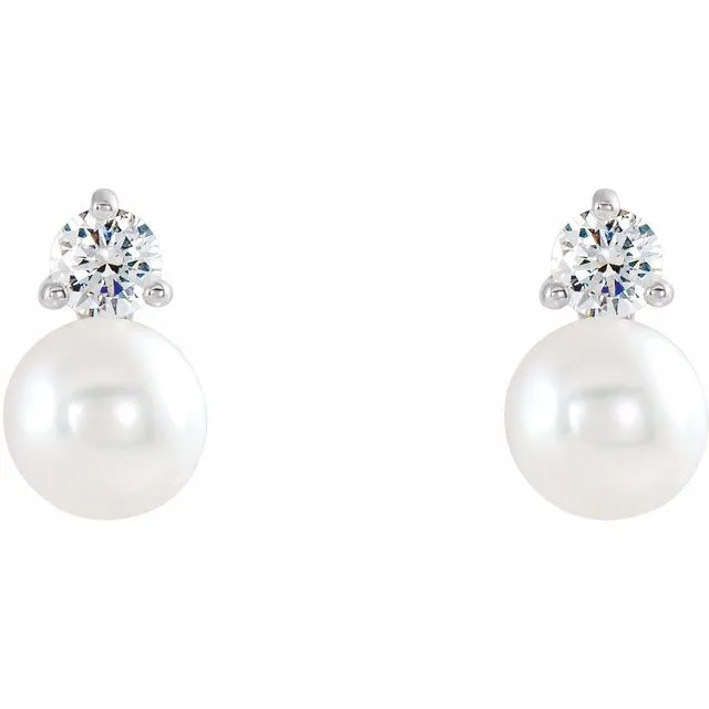 Platinum Cultured White Freshwater Pearl & 1/5 CTW Natural Diamond Earrings