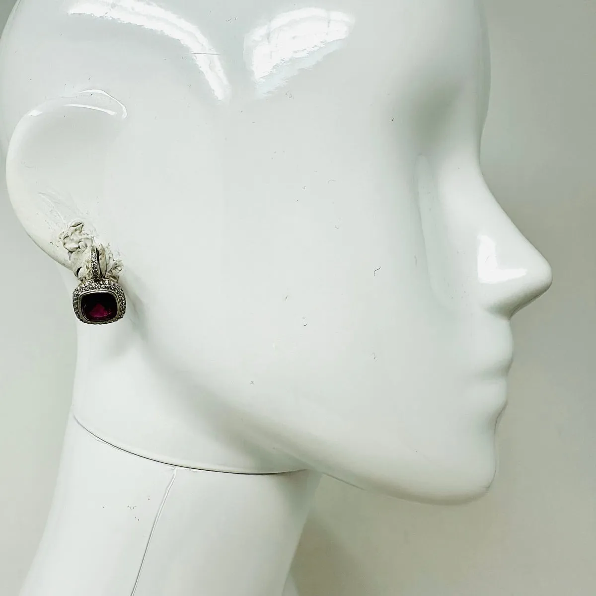 Platinum Double Halo Dangle Earrings with Bezel Set Rubellites