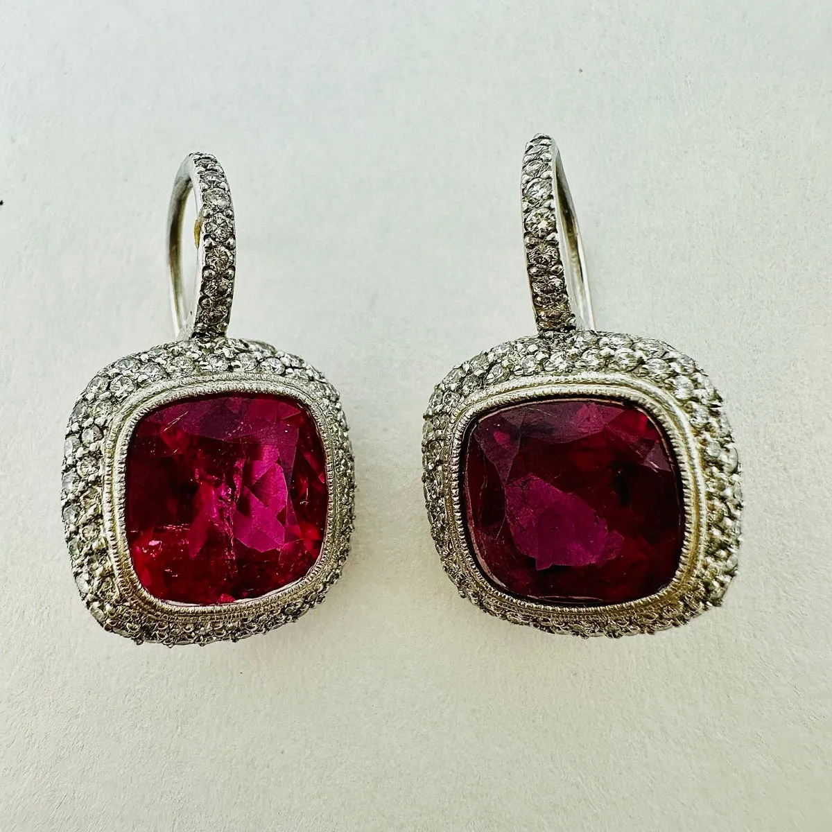 Platinum Double Halo Dangle Earrings with Bezel Set Rubellites