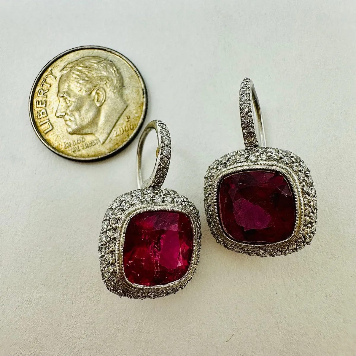 Platinum Double Halo Dangle Earrings with Bezel Set Rubellites