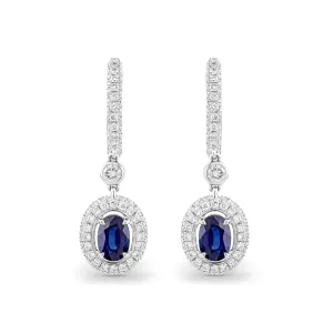 Platinum Hoop Earrings with Oval Sapphire and Diamonds