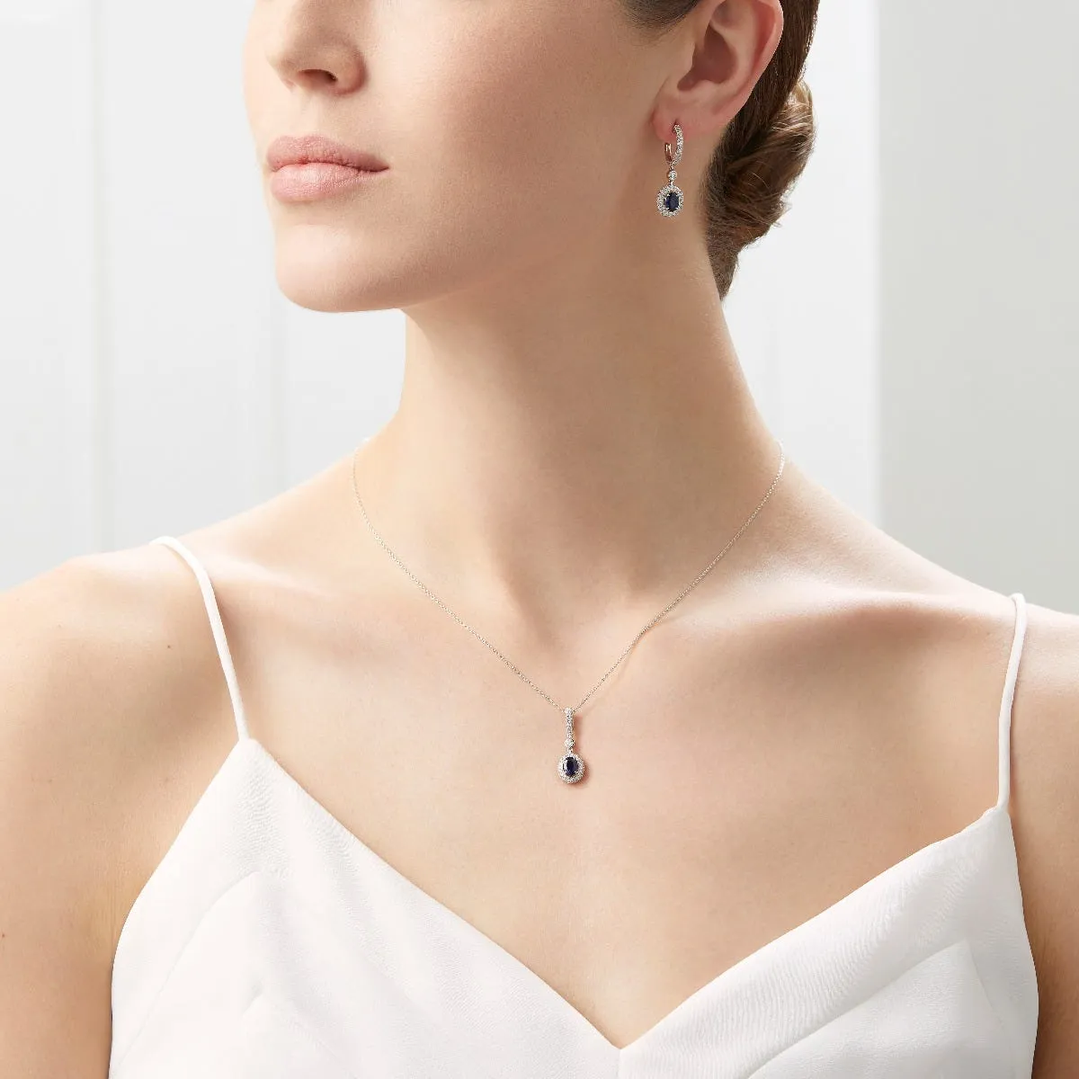 Platinum Hoop Earrings with Oval Sapphire and Diamonds