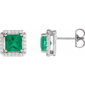 Platinum Lab-Grown Emerald & .08 CTW Natural Diamond Halo-Style Earrings