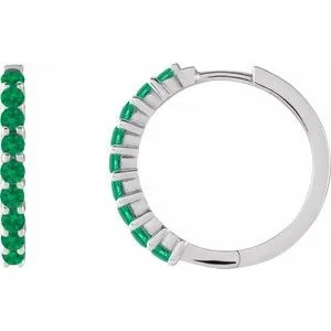 Platinum Natural Emerald Cabochon 20 mm Huggie Hoop Earrings