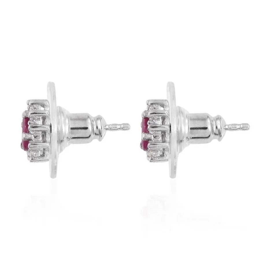 Platinum over Sterling Silver Burmese RUBY and White Zircon Stud Earrings