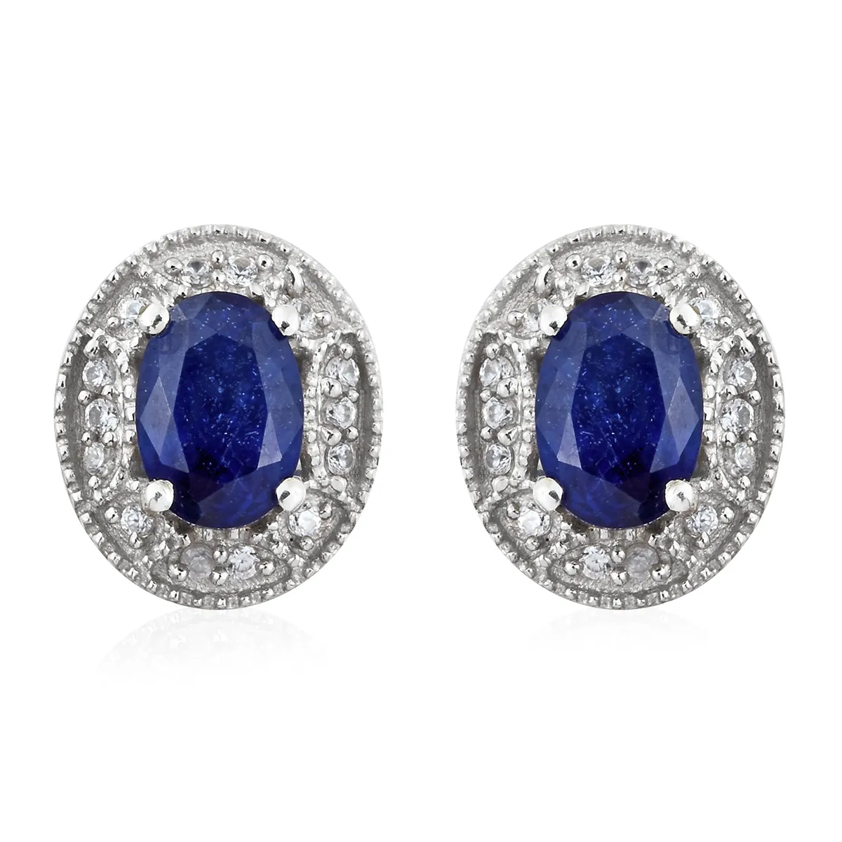 Platinum over Sterling Silver Masoala SAPPHIRE & Zircon Halo Stud Earrings