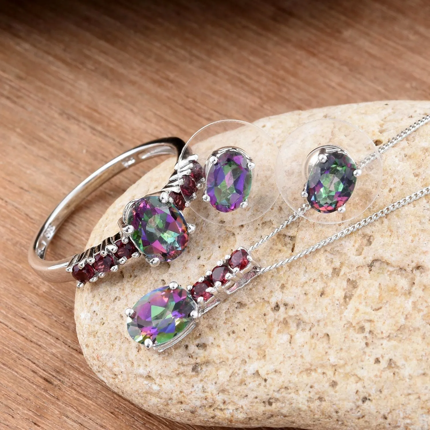 Platinum over Sterling Silver Mystic Topaz Ring, Pendant, Earrings Set with Chain