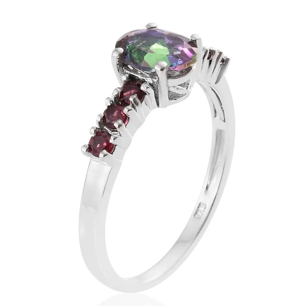 Platinum over Sterling Silver Mystic Topaz Ring, Pendant, Earrings Set with Chain