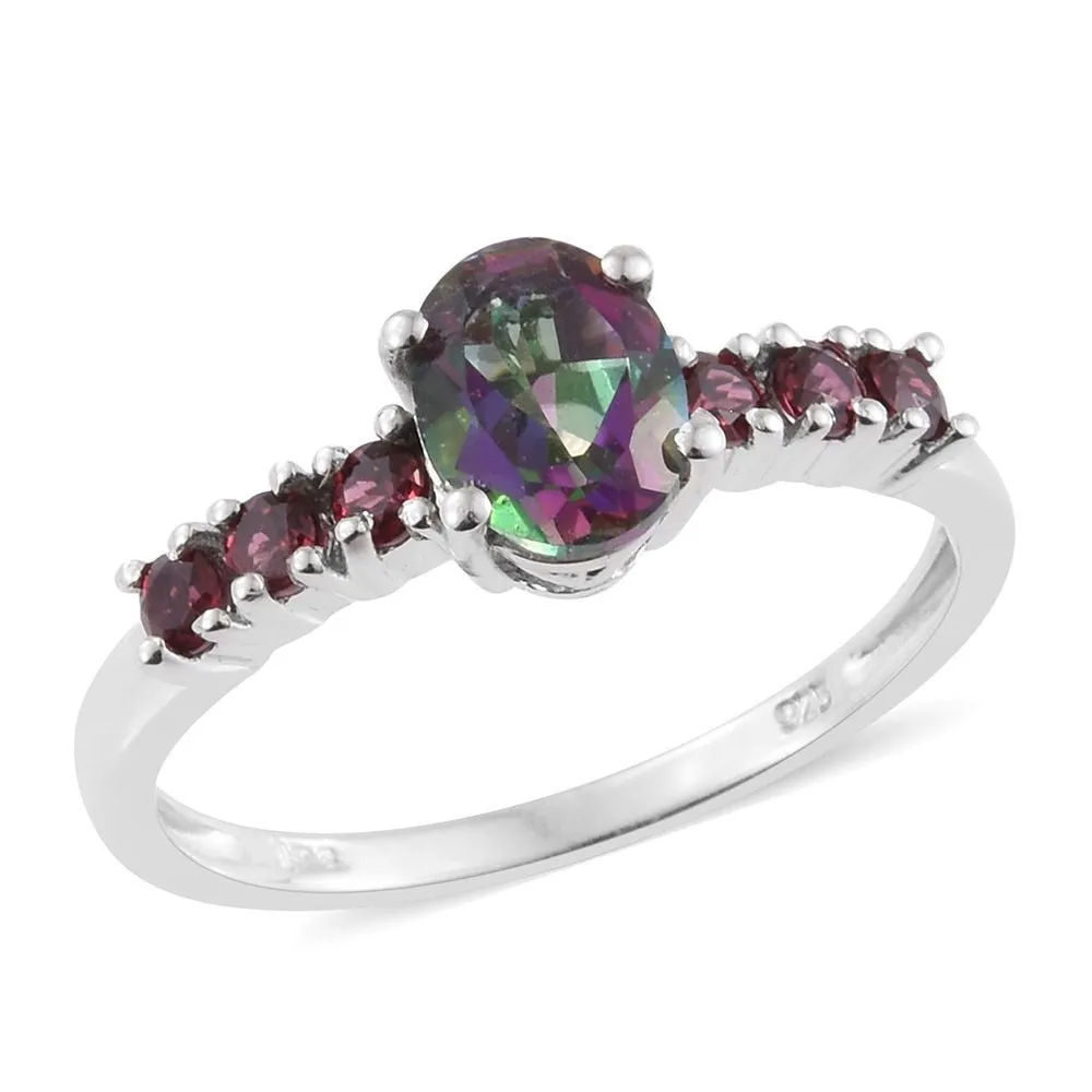 Platinum over Sterling Silver Mystic Topaz Ring, Pendant, Earrings Set with Chain