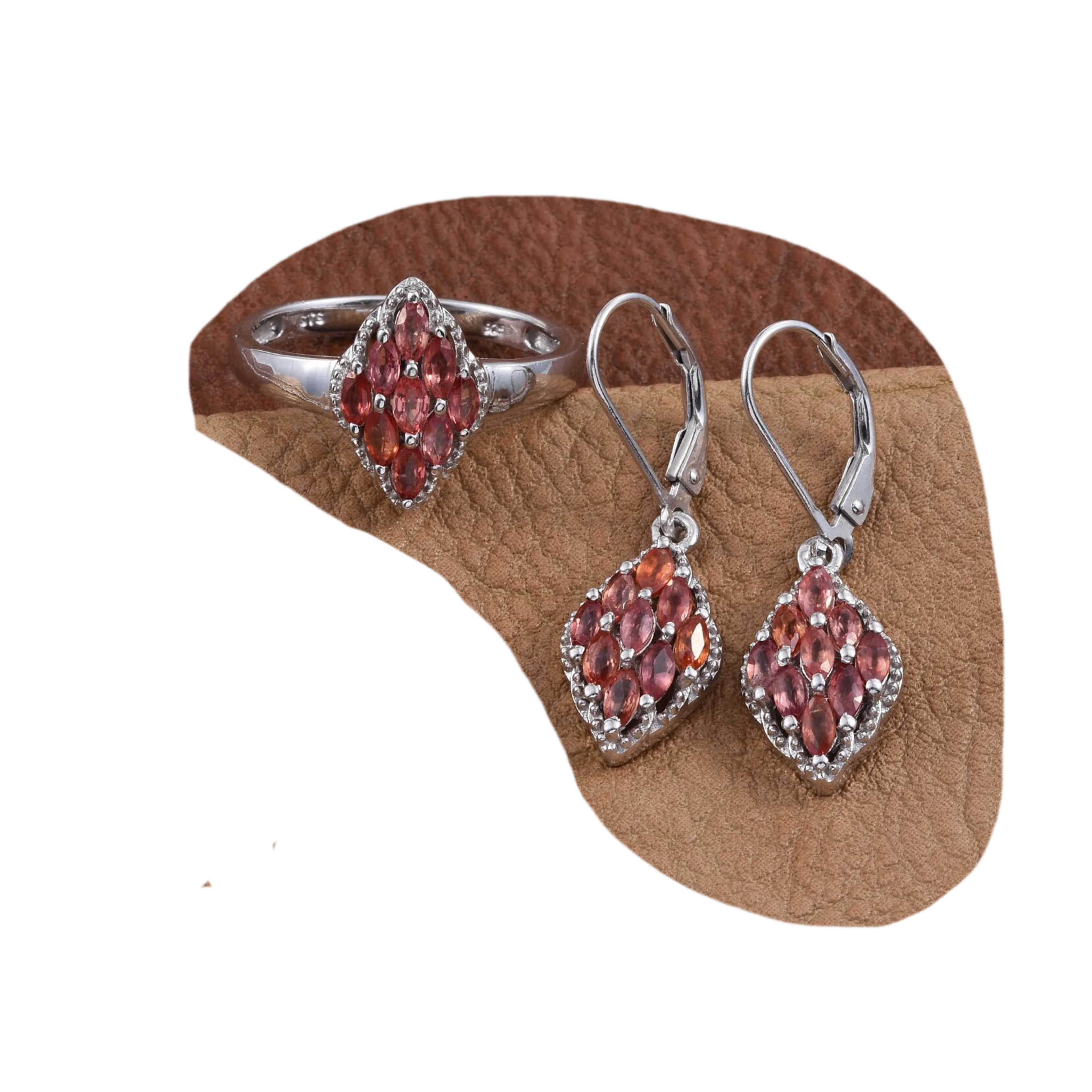 Platinum over Sterling Silver Orange SAPPHIRE Ring and Earring Set