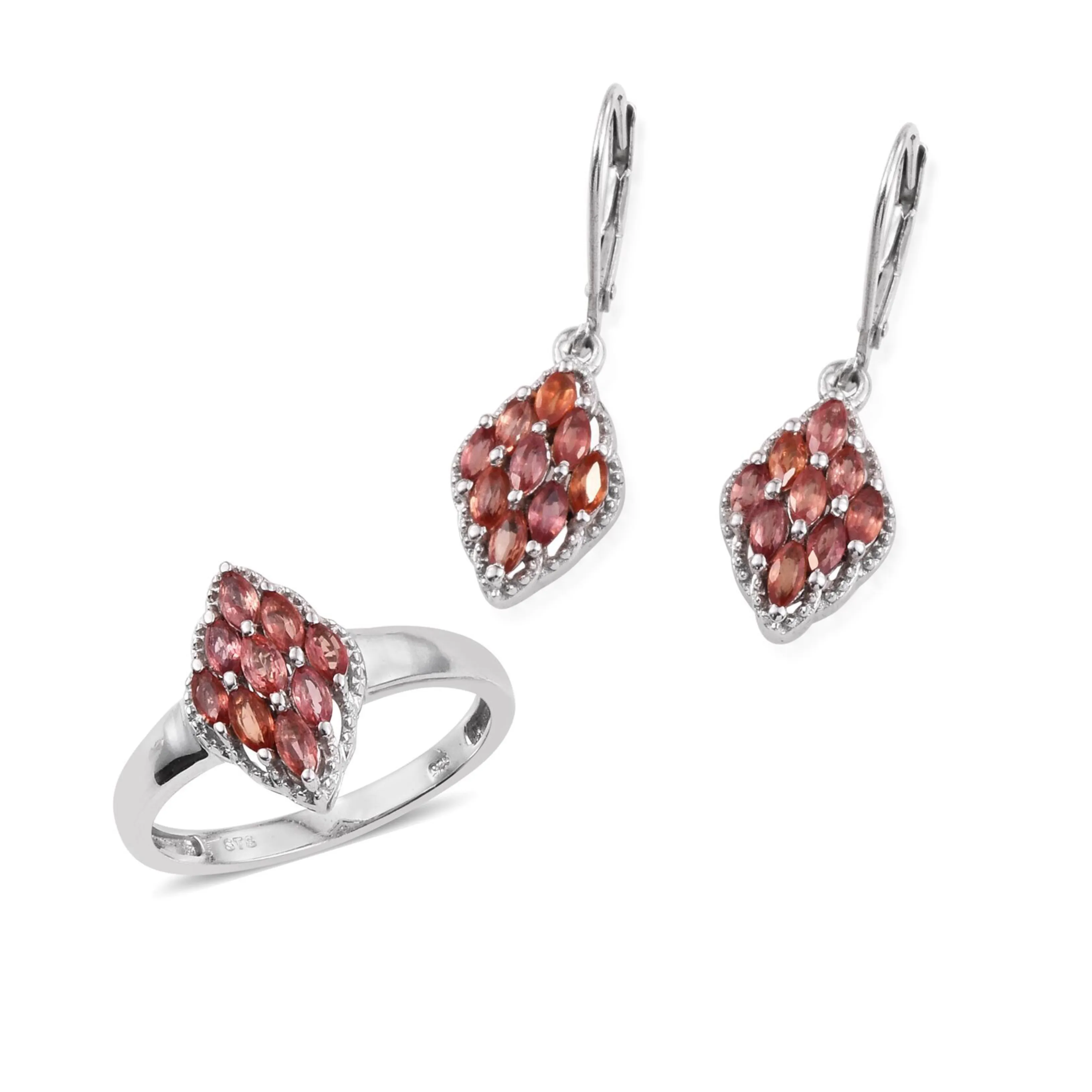 Platinum over Sterling Silver Orange SAPPHIRE Ring and Earring Set