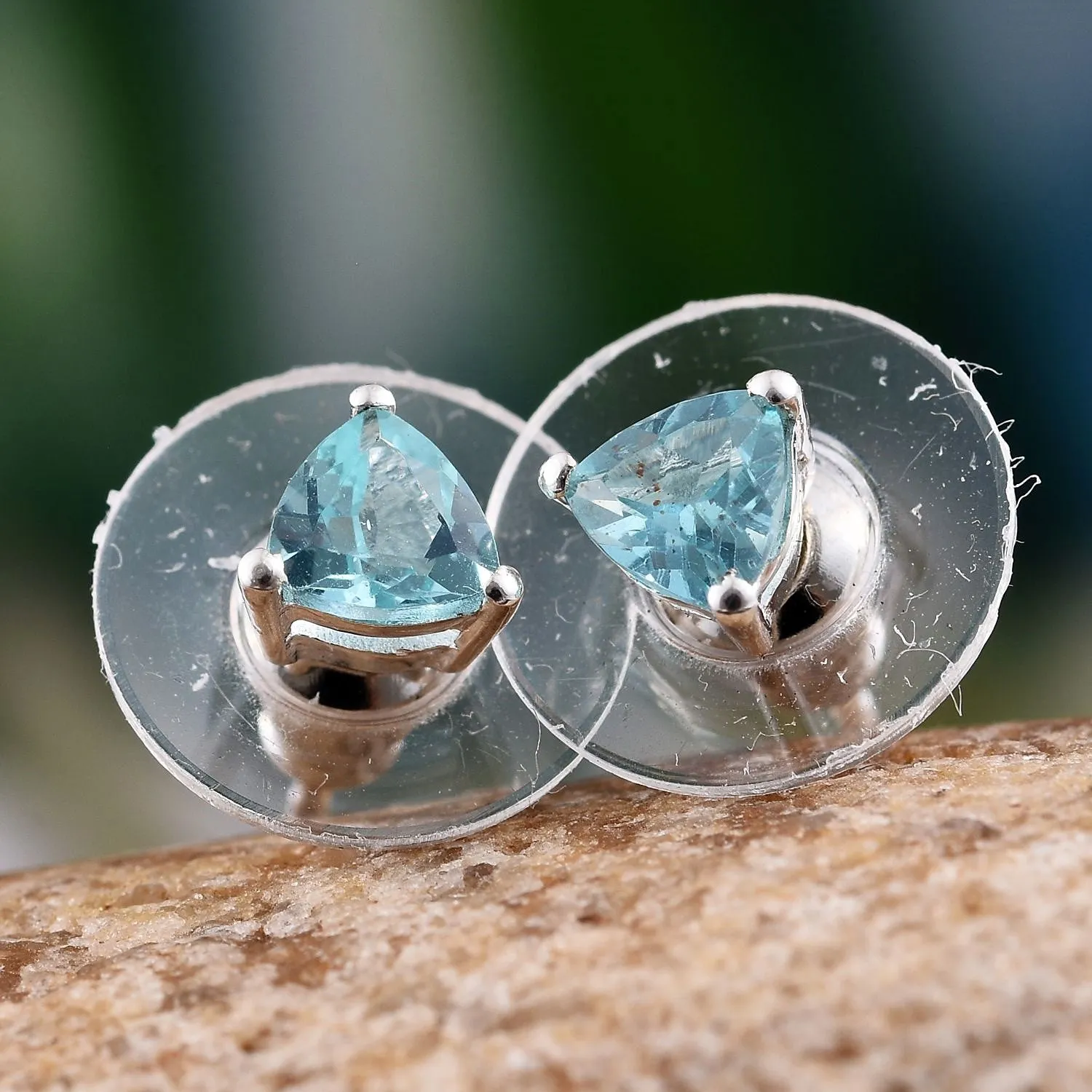 Platinum over Sterling Silver Trillion Madagascar Apatite Stud Earrings (.900ct)