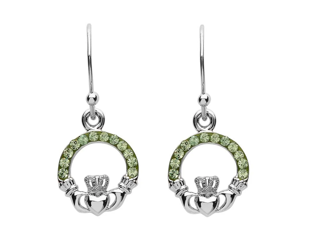 Platinum Plated Claddagh Drop Earrings With Peridot Crystals