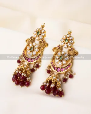 Premium Ruby Red Kemp Jhumka Set with Kundan Work