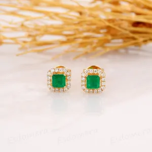 Princess Cut 0.8CTW Natural Emerald Earring, 14k Yellow Gold
